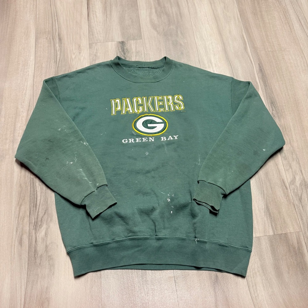 Vintage Green Bay Packers Sweatshirt Distressed Paint Splatter Green NFL Crew